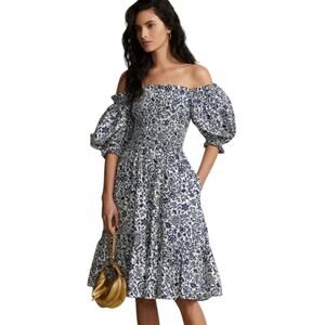 Polo Ralph Lauren Floral Blouson-Sleeve Smocked Cotton Dress Blue White Small